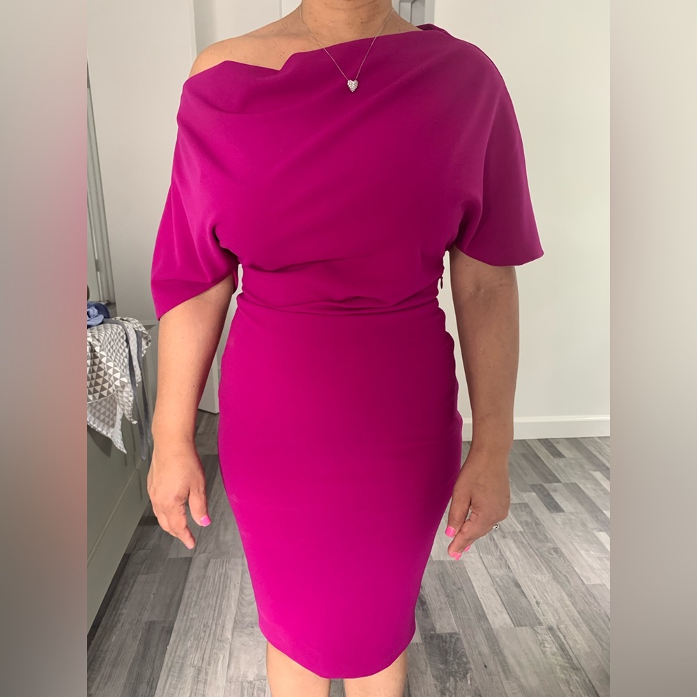 Elegant fuchsia colored off the shoulder dress